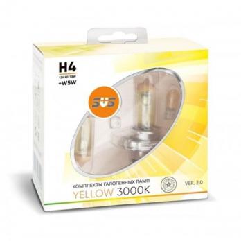 12V   H4  60/55W P43t Yellow 3000K (2 штуки) + 2 лампы W5W  SVS  лампы галогеновые